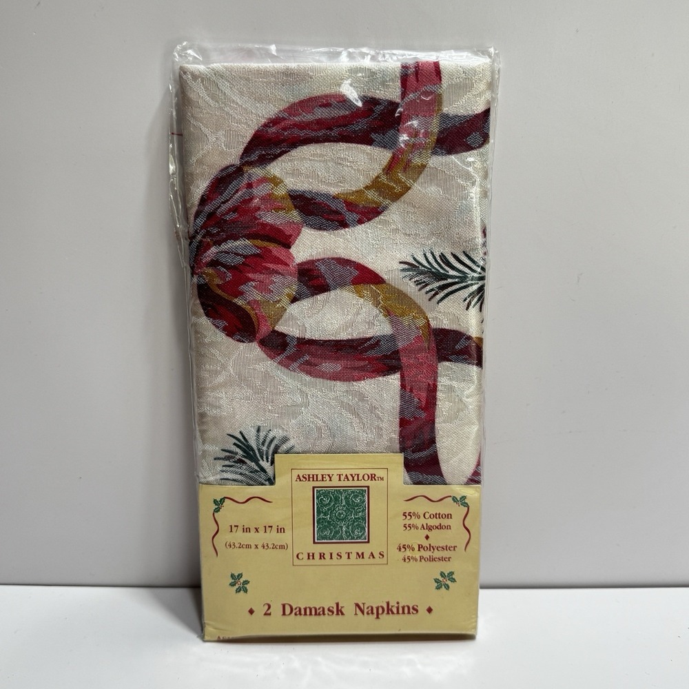Vintage Ashley Taylor Christmas 2 Damask Napkins 17"x 17" Pink Ribbon Sealed New